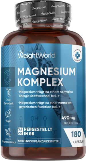 Magnesium Komplex mit B6 & Zink โ Magnesium Complex - 180 Vegan Capsules - 400 mg Elemental Magnesium per Serving - 3 Months Supply - With Bisglycinate, Citrate, Malate & Taurate - Alternative to Tablets / Powder - WeightWorld