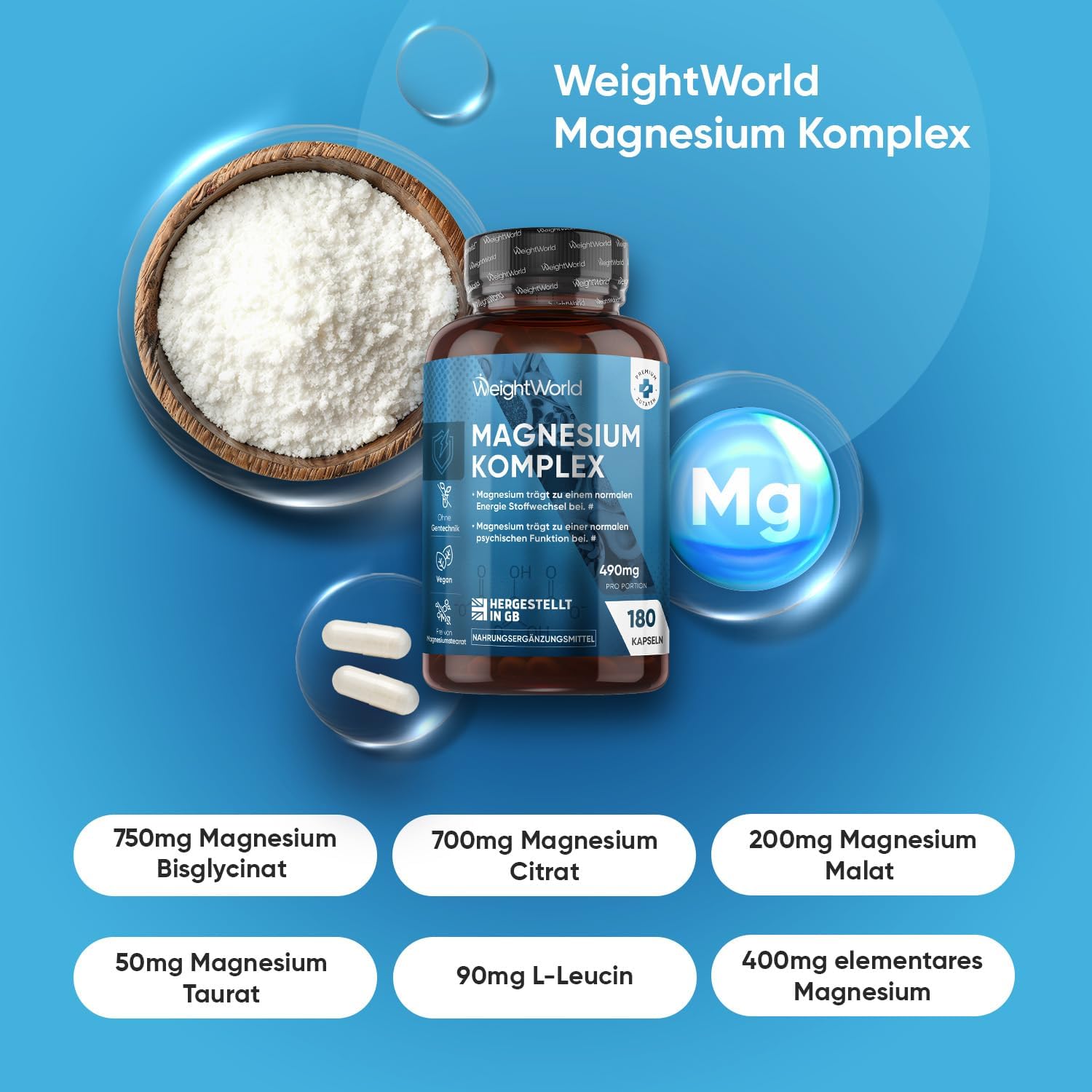 Magnesium 400 mg – Magnesium Complex - 180 Vegan Capsules - 400 mg Elemental Magnesium per Serving - 3 Months Supply - With Bisglycinate, Citrate, Malate & Taurate - Alternative to Tablets / Powder - WeightWorld – Bild 2