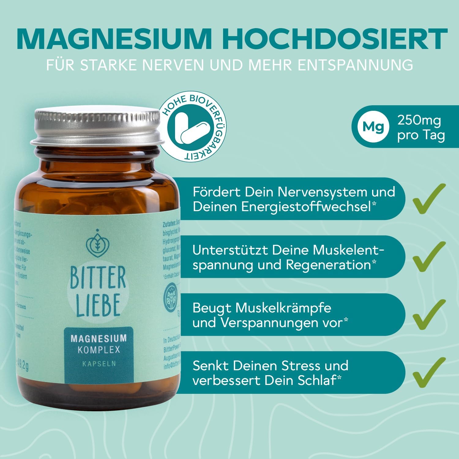 Magnesium 250 mg – BitterLiebe - Magnesium Bisglycinate Capsules High Dose - Magnesium Complex with Bisglycinate and Glycinate as Complex as Tablets - Magnesium Bisglycinate and Magnesium Citrate Capsules – Bild 2