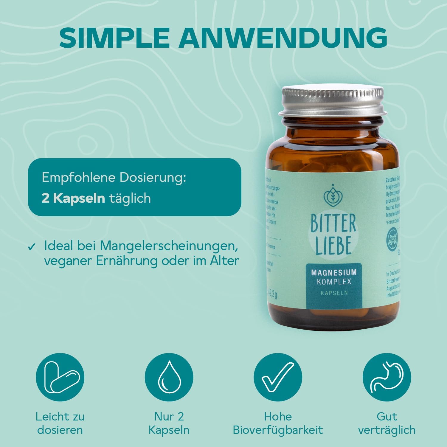 Magnesium 250 mg – BitterLiebe - Magnesium Bisglycinate Capsules High Dose - Magnesium Complex with Bisglycinate and Glycinate as Complex as Tablets - Magnesium Bisglycinate and Magnesium Citrate Capsules – Bild 4