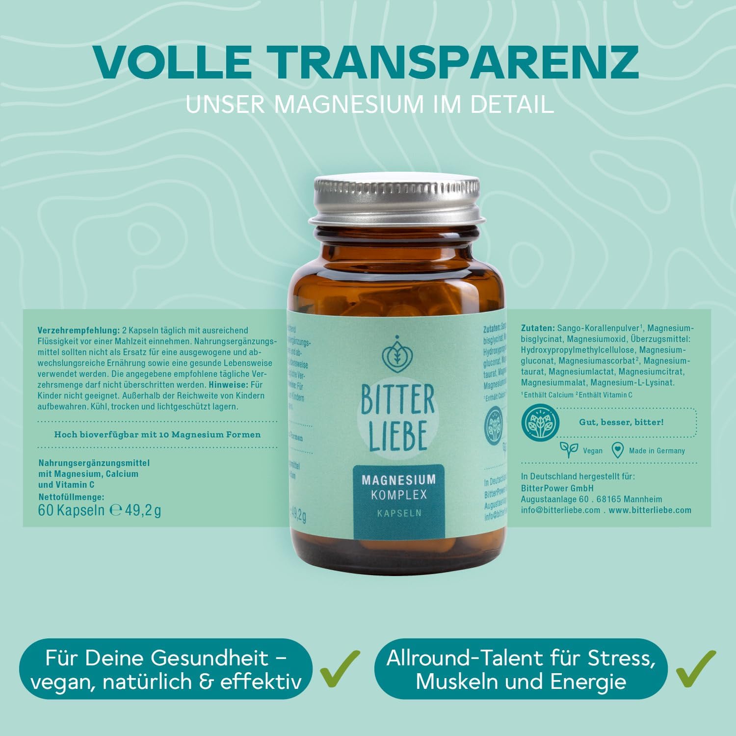 Magnesium 250 mg – BitterLiebe - Magnesium Bisglycinate Capsules High Dose - Magnesium Complex with Bisglycinate and Glycinate as Complex as Tablets - Magnesium Bisglycinate and Magnesium Citrate Capsules – Bild 8