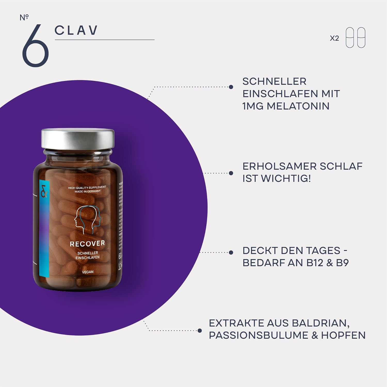 Schlaf-Magnesium mit Melatonin – Natürlich einschlafen & durchschlafen – CLAV Mood Set - N°5 Balance Dopamine Booster + N°6 Recover Better Sleep with Melatonin High Dose + Griffonia 5-HTP + Vitamin B6 - Anti-Stress Nerve Food for a Good Mood – Bild 5
