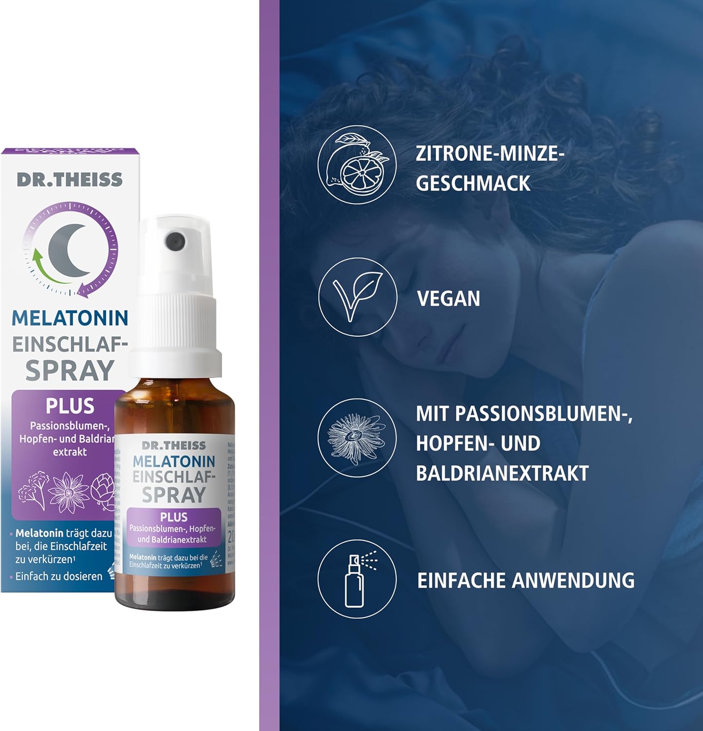 Schlaf-Magnesium mit Melatonin – Natürlich einschlafen & durchschlafen – Dr. Theiss Melatonin Sleep Spray Plus Economy Set | 0.25 mg Melatonin Daily | 2 x 20 ml | Passion Flower, Hop & Valerian Extract | Vegan | Currant Mint Flavour – Bild 4