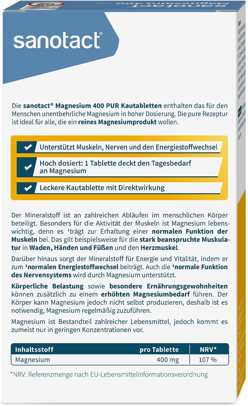 Magnesium 400 mg – sanotact Magnesium 400 (10 x 30 chewable tablets), high dose magnesium for muscles and nerves, 400 mg magnesium with immediate effect, 100% vegan, magnesium carbonate and magnesium oxide – Bild 2