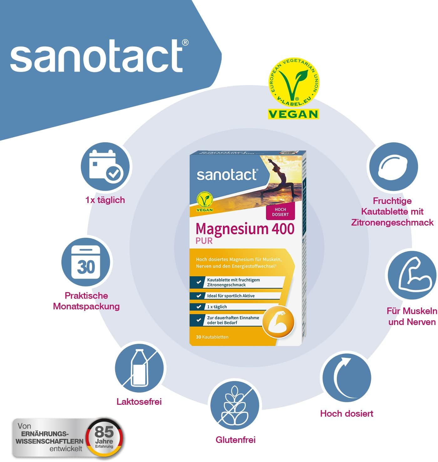 Magnesium 400 mg – sanotact Magnesium 400 (10 x 30 chewable tablets), high dose magnesium for muscles and nerves, 400 mg magnesium with immediate effect, 100% vegan, magnesium carbonate and magnesium oxide – Bild 5
