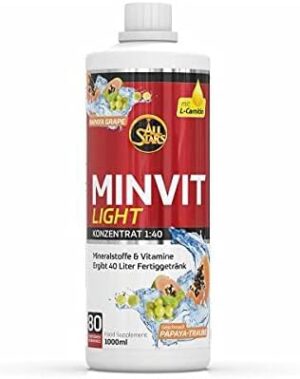 Magnesium Komplex mit B6 & Zink – ALL STARS Minvit + L-Carnitine Vitamin Drink Concentrated 1L Papaya Grape - Valuable Mineral and Vitamin Complex with Vitamin B1, B6, B12, Contains Potassium, Magnesium & L-Carnitine