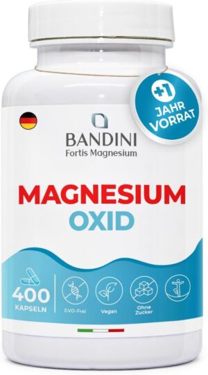 Magnesium 600 mg โ Bandiniยฎ Magnesium Oxide 400 Capsules (+1 Year), Magnesium High Dose 664 mg (of which 400 mg Elementary Magnesium) per Capsule, Energy Booster, Fights Fatigue, Supports Muscles and Bones, Vegan