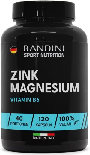 Magnesium Komplex mit B6 & Zink โ Bandini Zinc Magnesium Ultra High Dose Complex with Magnesium, Zinc & Vitamin B6, Premium: with 2 Magnesium Compounds, Muscle Function, Energy Booster, No Additives, Vegan, GMO-Free, 120 Capsules
