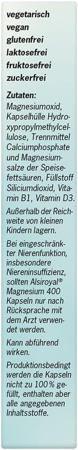 Magnesium Komplex mit B6 & Zink – Alsiroyal Magnesium 400 (20 Capsules) - Magnesium Complex High Dose with Vitamin B1 & D for Daily Supply of Heart, Nerves, Muscles & Bones - Dietary Supplement - Vegan & Sugar-Free – Bild 4