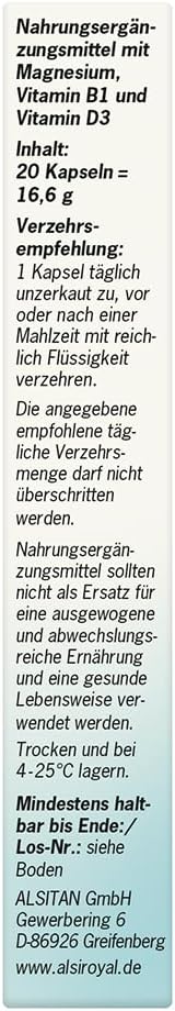 Magnesium Komplex mit B6 & Zink – Alsiroyal Magnesium 400 (20 Capsules) - Magnesium Complex High Dose with Vitamin B1 & D for Daily Supply of Heart, Nerves, Muscles & Bones - Dietary Supplement - Vegan & Sugar-Free – Bild 3