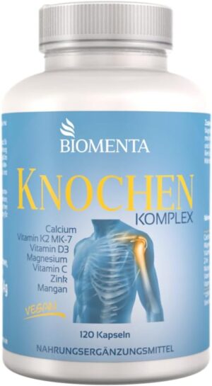 Magnesium Komplex mit B6 & Zink – BIOMENTA Bone Complex - 120 Vegan, High Dose Bone Capsules with Calcium + Vitamin K2 MK-7, D3, C + Magnesium + Zinc + Manganese - Premium Quality