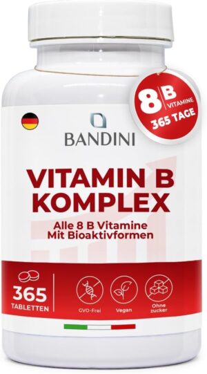 Magnesium Komplex mit B6 & Zink – Bandini® Vitamin B Complex High Dosage, 365 Tablets for 12 Months, B Complex with All 8 B Vitamins B1, B2, B3, B5, B6, B7, B9, B12, Nervous System, Metabolism, Mental Function, GMO Free, Vegan