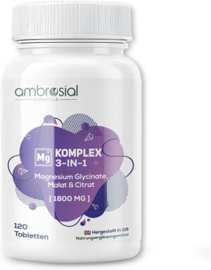 Magnesium Komplex mit B6 & Zink – Ambrosial Magnesium Glycinate 3-in-1 Complex - 1800mg Dietary Supplement | Highly Absorbable 384mg Elementary Magnesium as Bisglycinate, Citrate and Malate | Made in the UK | 120