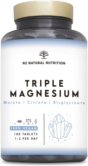 Magnesium 600 mg – Magnesium Complex High Dose, 440 mg Elemental Per Daily Dose. Triple Magnesium with: Magnesium Citrate 1440 mg, Magnesium Bisglycinate 600 mg, Magnesium Malate 600 mg. 180 Tablets. 3 Months. N2