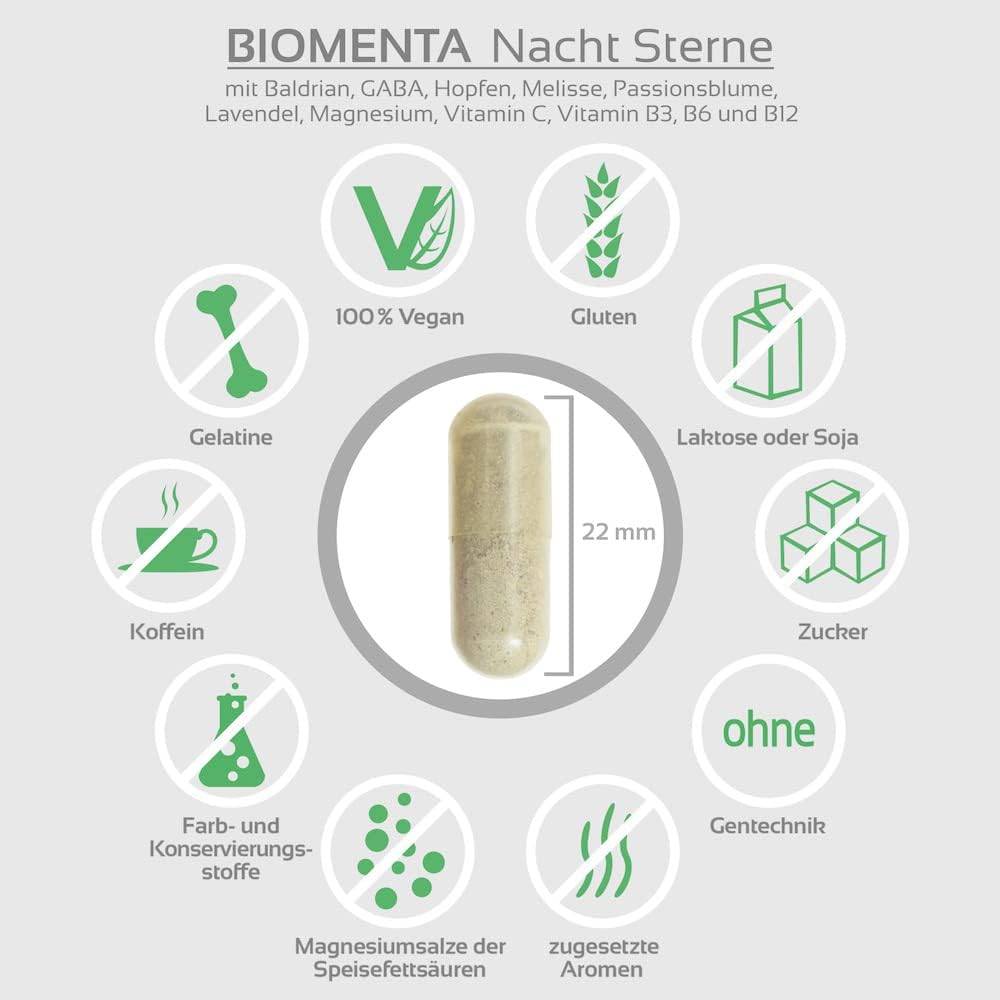 Schlaf-Magnesium mit Melatonin – Natürlich einschlafen & durchschlafen – BIOMENTA Gute Nacht 120 strong sleeping tablets without prescription as a Vegan sleeping product for approx. 45 days Valerian high dosage + Hops + Melissa + Passion Flower + Lavender + Gaba And Much More – Bild 3