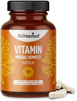 Magnesium Komplex mit B6 & Zink – Achterhof Vitamin Mineral Complex 150 Capsules | 8 Essential Vitamins and Minerals | with Vitamins A, B12, Folic Acid, Iron, Zinc, Magnesium, Calcium and Selenium