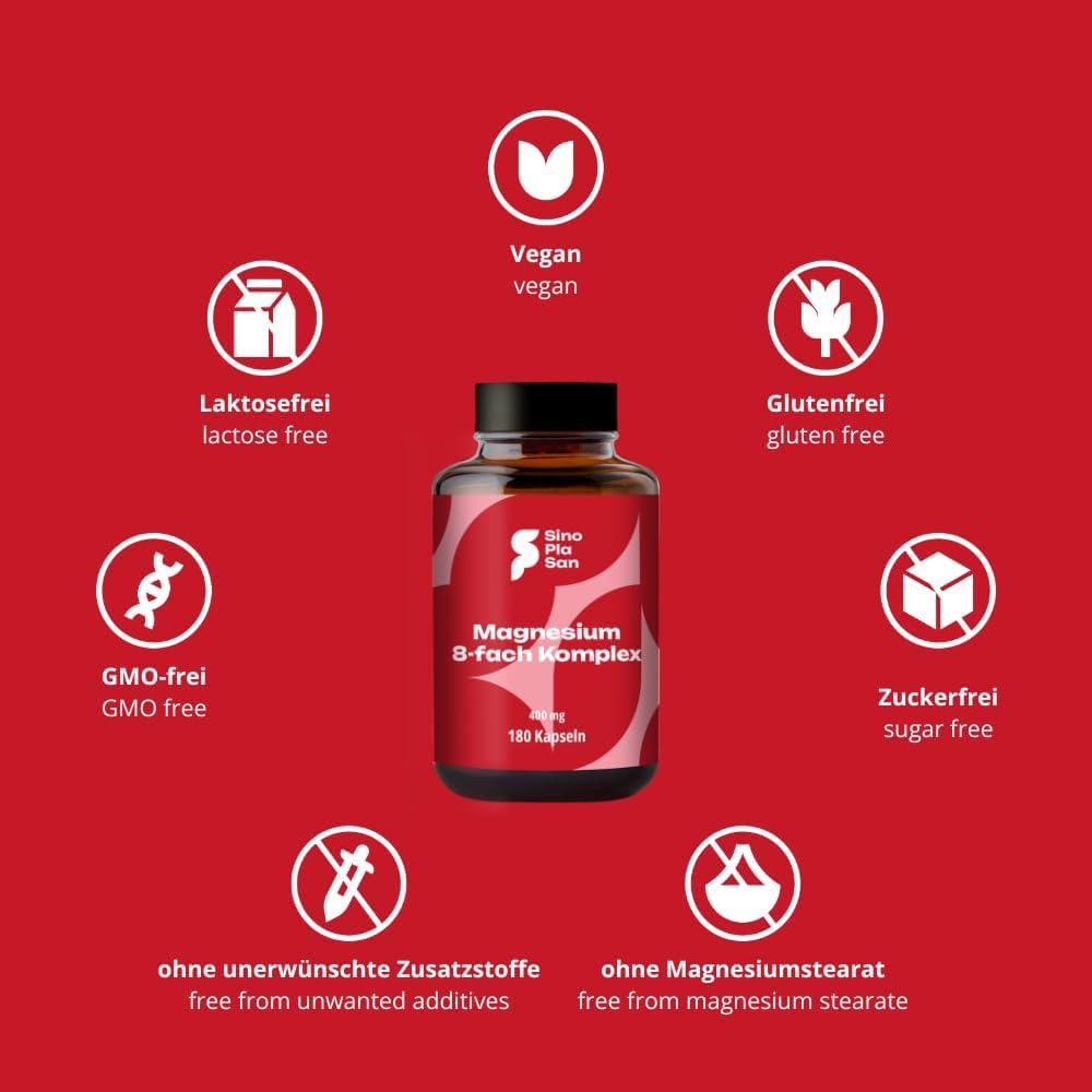 Magnesium 400 mg – Magnesium 8-fold complex 400 mg | 180 capsules | 400 mg elemental magnesium | 8 different magnesium types | high dose | made in Germany | laboratory tested – Bild 4