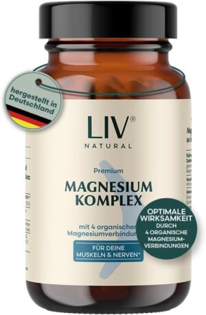 Magnesium Komplex mit B6 & Zink – LIV Magnesium Complex | Four High Quality Organic Magnesium Compounds | 375mg Magnesium per Daily Dose, 180 Capsules | Free from Fillers and Genetic Engineering | Vegan, Free from Common Allergens