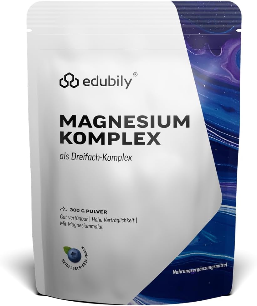 Magnesium Komplex mit B6 & Zink – edubily nutrition® Magnesium Complex Powder with Magnesium Glycinate, Citrate & Carbonate, No Magnesium Stearate, with Vitamin B6, Vegan (300 g Powder) (Blueberry)