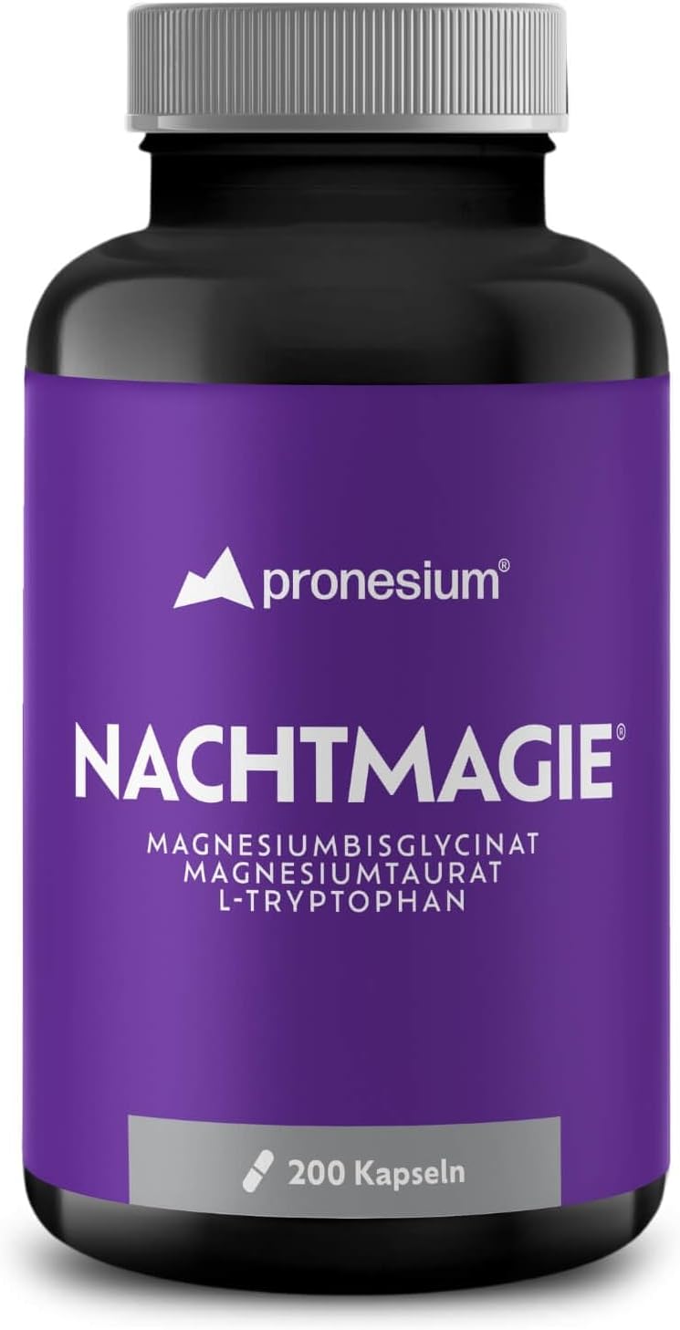 Schlaf-Magnesium mit Melatonin – Natürlich einschlafen & durchschlafen – NACHTMAGIE capsules for your evening routine - with magnesium glycinate, magnesium taurate and L-tryptophan - hormone-free: safe for long-term use (200 capsules)