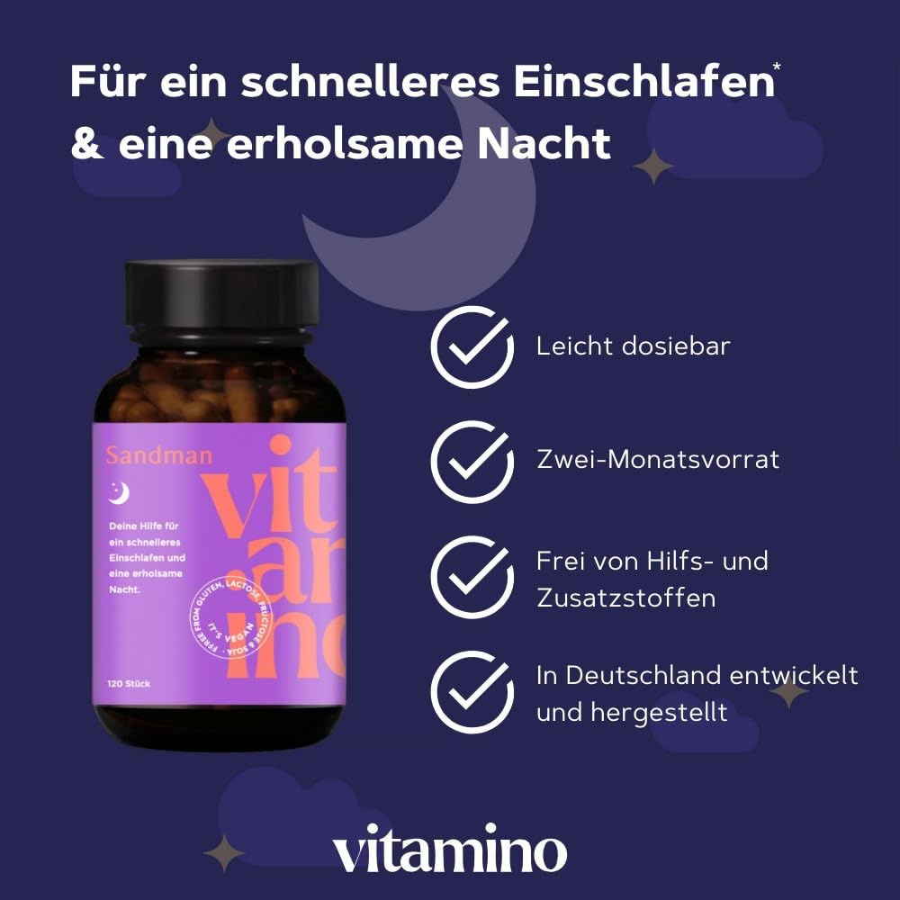 Schlaf-Magnesium mit Melatonin – Natürlich einschlafen & durchschlafen – Vitamino Sandman Melatonin Capsules High Dose with Ashwagandha, GABA, Magnesium and Plant Extracts, for a Deep and Restful Sleep, Vegan, Gluten-Free, Lactose-free - 120 Capsules – Bild 2