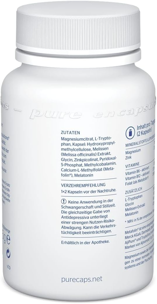 Schlaf-Magnesium mit Melatonin – Natürlich einschlafen & durchschlafen – Pure Encapsulations - Sleep Formula - Nutrient Complex with Melissa Extract, B Vitamins, Magnesium, Zinc and Amino Acids - 60 Capsules – Bild 8