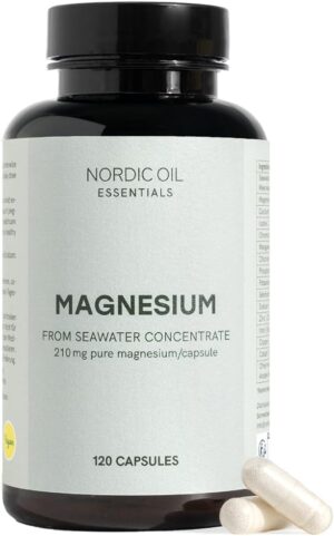 Magnesium 600 mg – Magnesium Capsules with 210 mg Pure & Natural Magnesium, 120 Vegan Capsules Made from 600 mg Seawater Concentrate, Ionised for Best Absorption, Laboratory Tested & High Dose Nordic Oil