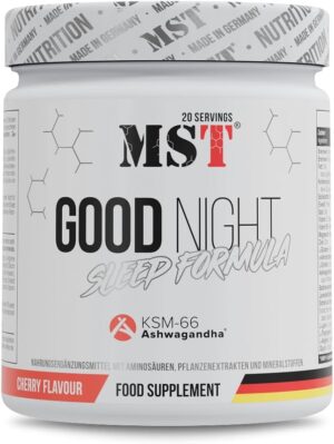 Schlaf-Magnesium mit Melatonin โ Natรผrlich einschlafen & durchschlafen โ MST Good Night Sleep Complex with GABA, Ashwagandha KSM-66, L-Tryptophan, L-Glutamine, Magnesium, Zinc, Valerian, Glycine. Without Melatonin. Made in Germany. Flavour: Cherry, 320 g - 20 Servings