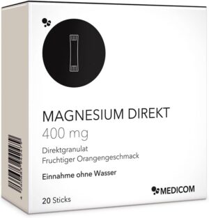 Magnesium 400 mg – Medicom Magnesium Direct 400 mg Sticks, Muscle Function, Energy Metabolism, Fatigue, Direct Granules Intake without Water, Electrolyte Balance, Reduction of Fatigue and Fatigue - 20 Sticks