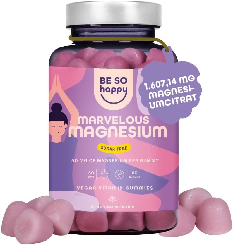 Schlaf-Magnesium mit Melatonin – Natürlich einschlafen & durchschlafen – Magnesium Gummies 180 mg, Magnesium for Children and Adults, Magnesium Citrate 1607 mg per Dose, 60 Magnesium Gummy Bears for Fatigue, Muscles & Nervous System, Marvelous Magnesium BeSoHappy