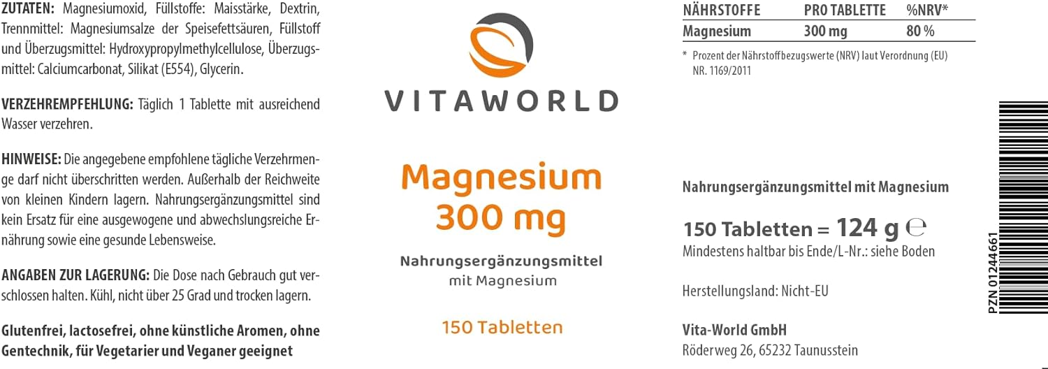 Magnesium 400 mg – Vita World Magnesium 300 mg 3 x 150 Tablets Vegan Pharmacist Manufacture Pack of 3 – Bild 4