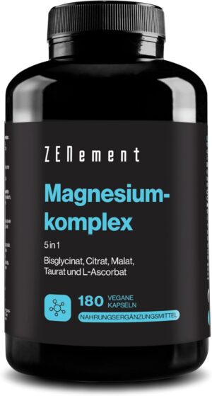 Magnesium Komplex mit B6 & Zink – Magnesium Complex, 5 in 1 - Bisglycinate, Citrate, Malate, Taurate & L-Ascorbate - High Bioavailability and Tolerance, No Magnesium Oxide - 360 mg per Dose - 180 Capsules - Zenement
