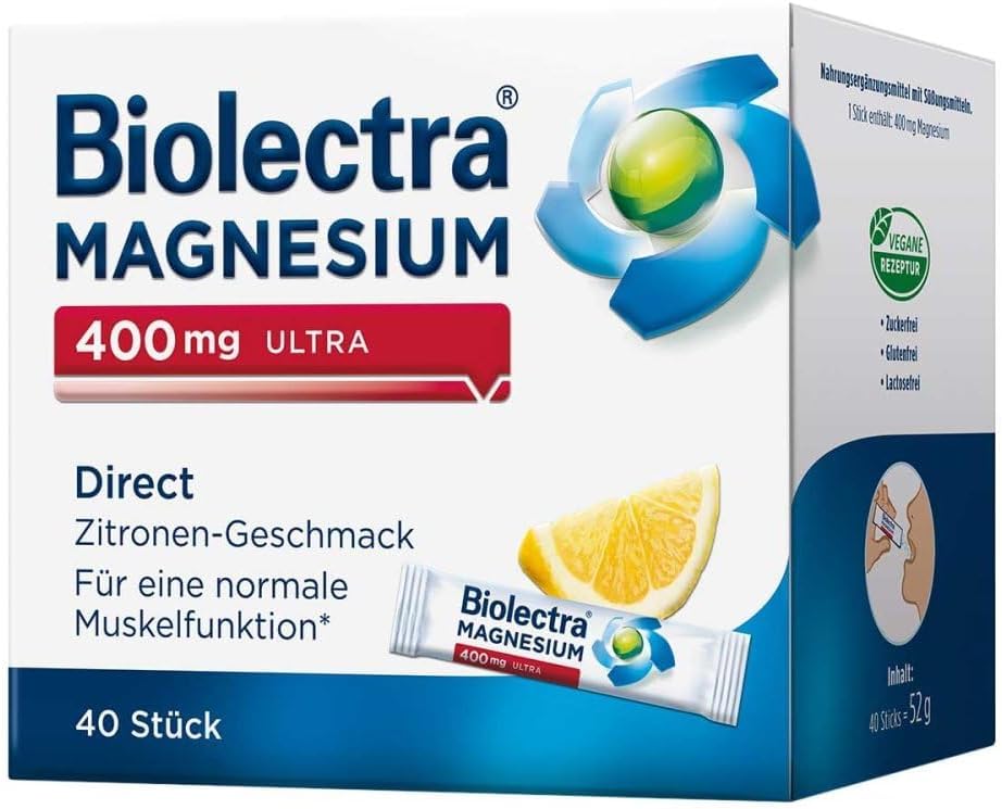 Magnesium Komplex mit B6 & Zink – Biolectra Magnesium 400 mg Ultra 40 Items Direct Lemon Flavour Sticks