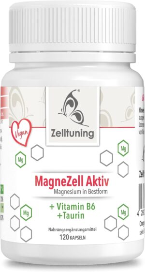 Magnesium Komplex mit B6 & Zink – Pure Magnesium Magnezell Active • Vegan Pure • 120 caps • Perfect Bioverfüg • Connections with 6 Magnesium + Vitamin B6 & Taurine Cell Tuning Brand-Name Quality from Germany. Natural Magnesium Stearate Not Included.