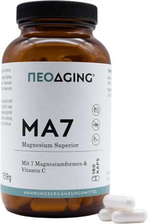 Magnesium 250 mg โ NEOAGING Magnesium Superior - Complex with 7 Magensium Compounds - with Magnesium Bisglycinate & Magnesium Citrate - High Dose with 250 mg - Vegan & No Additives - Storage Pack of 180 Capsules