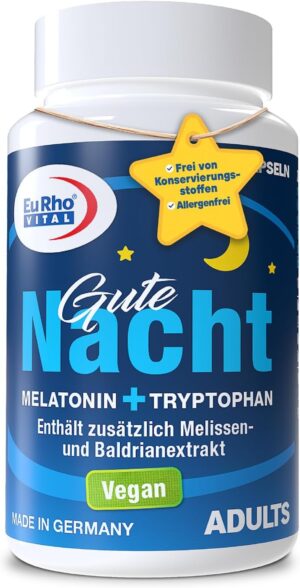 Schlaf-Magnesium mit Melatonin – Natürlich einschlafen & durchschlafen – EuRho Vital Melatonin Capsules | With Natural Melatonin, Tryptophan, Melissa and Valerian Root Extract | Storage Pack of 60 Capsules | Vegan | Laboratory Tested Quality from Germany
