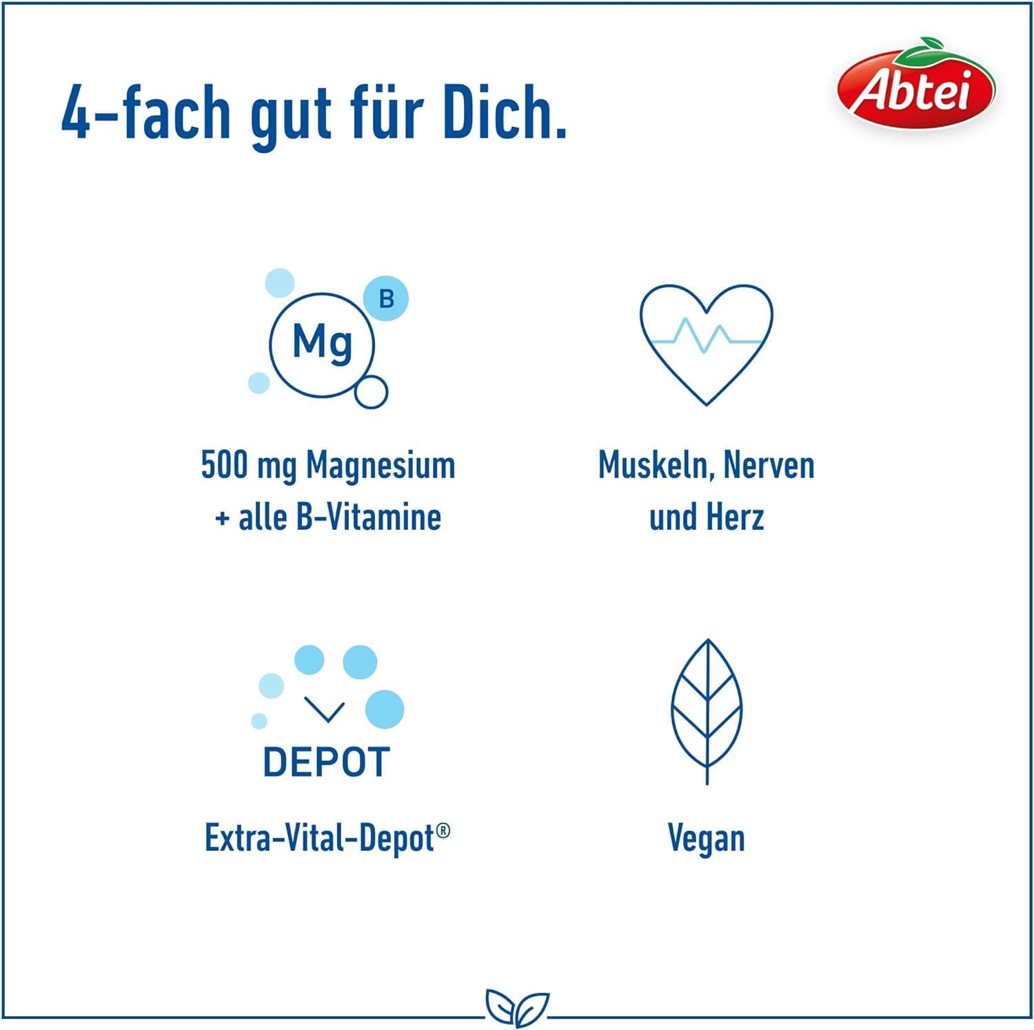 Magnesium 600 mg – Abtei Magnesium 500 Plus Extra Vital Depot - To Support Muscles, Nerves, Heart - With 500mg Magnesium - Gluten Free, Lactose Free, Vegan - Storage Pack - 126 Tablets for 4 Months – Bild 3