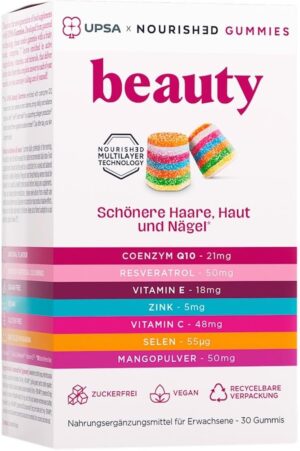 Magnesium 600 mg – UPSA X NOURISHED Gummies 7-in-1 Beauty Dietary Supplement Skin, Hair, Nails - Coenzyme Q10, Selenium, Zinc, Vitamins C & E - Sugar Free & Vegan - Fruity Taste - 1 Month Treatment - 30 Gummies
