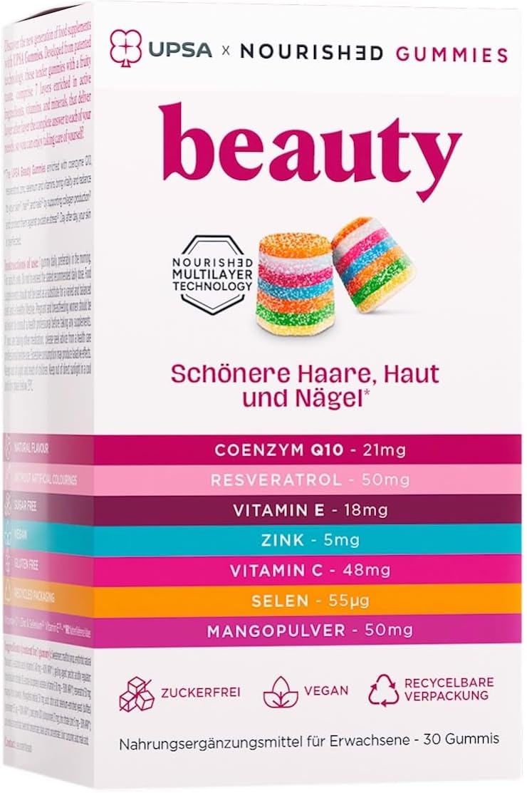 Magnesium 600 mg – UPSA X NOURISHED Gummies 7-in-1 Beauty Dietary Supplement Skin, Hair, Nails - Coenzyme Q10, Selenium, Zinc, Vitamins C & E - Sugar Free & Vegan - Fruity Taste - 1 Month Treatment - 30 Gummies