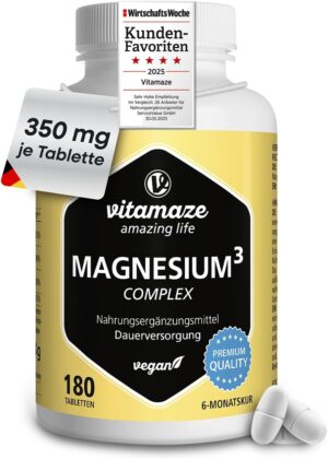 Magnesium 250 mg – Magnesium complex high-dosed, 350 mg elemental magnesium with 24h depot effect, 180 tablets vegan, magnesium citrate carbonate oxide without additives, Made in Germany