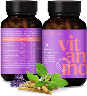 Schlaf-Magnesium mit Melatonin – Natürlich einschlafen & durchschlafen – Vitamino Sandman Melatonin Capsules High Dose with Ashwagandha, GABA, Magnesium and Plant Extracts, for a Deep and Restful Sleep, Vegan, Gluten-Free, Lactose-free - 120 Capsules