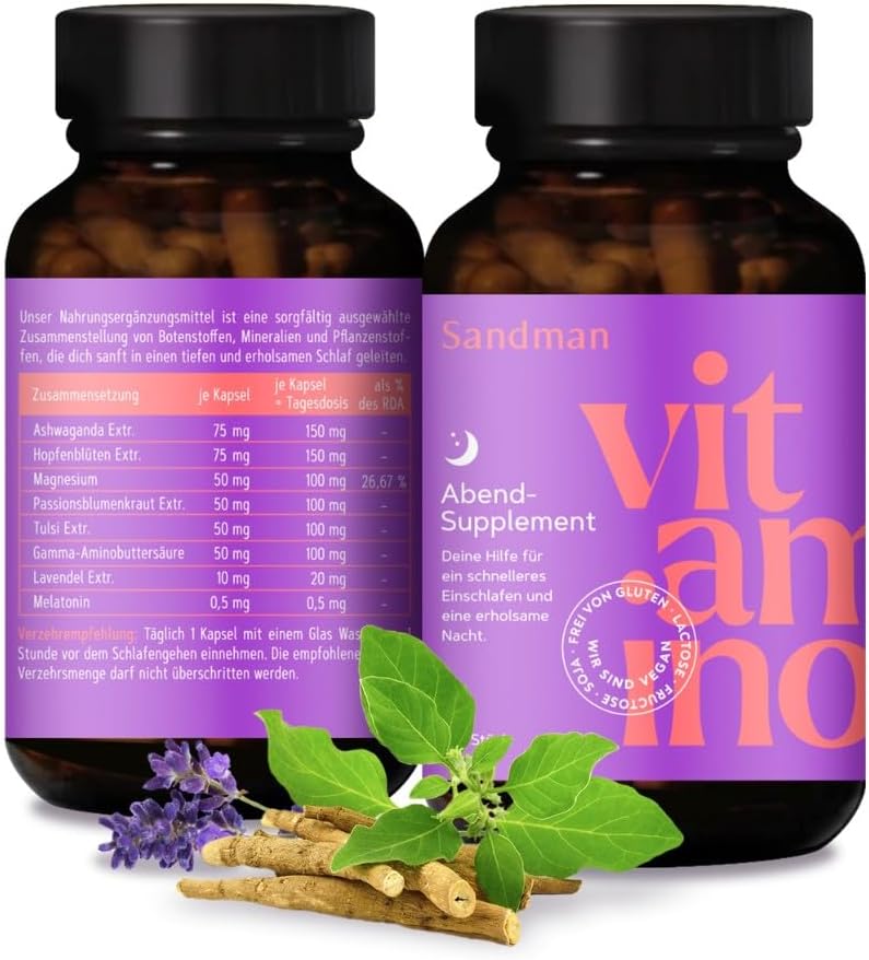 Schlaf-Magnesium mit Melatonin – Natürlich einschlafen & durchschlafen – Vitamino Sandman Melatonin Capsules High Dose with Ashwagandha, GABA, Magnesium and Plant Extracts, for a Deep and Restful Sleep, Vegan, Gluten-Free, Lactose-free - 120 Capsules