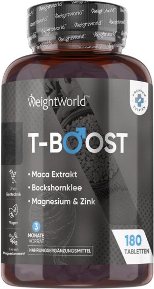 Magnesium Komplex mit B6 & Zink – T Boost - With Zinc, Maca Extract, Magnesium, Fenugreek - Dietary Supplement - 180 Vegan Tablets - 3 Months Supply - Free from Magnesium Stearate - WeightWorld