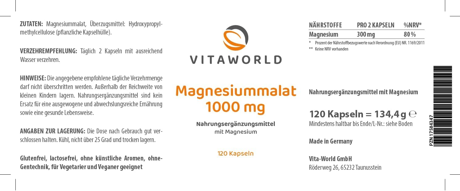 Magnesium 400 mg – Vita World Magnesium Malate 1000 mg 3 x 120 Capsules High Dose Vegan and Free from Additives 150 mg Elementary Magnesium per Capsule Pharmacy Manufacture Pack of 3 – Bild 2