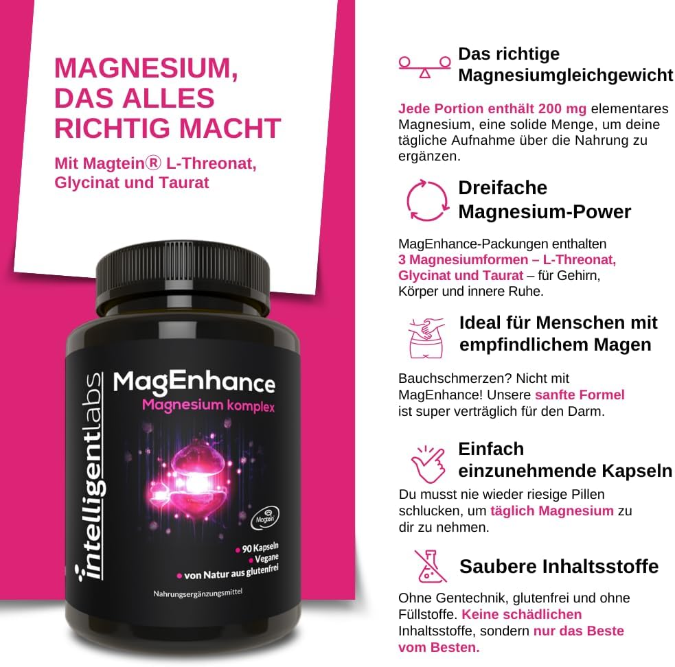 Magnesium Komplex mit B6 & Zink – Intelligent Labs MagEnhance Magtein Magnesium L Threonate Complex High Dose Magnesium Complex Magnesium Glycinate Taurate, 90 Capsules – Bild 3