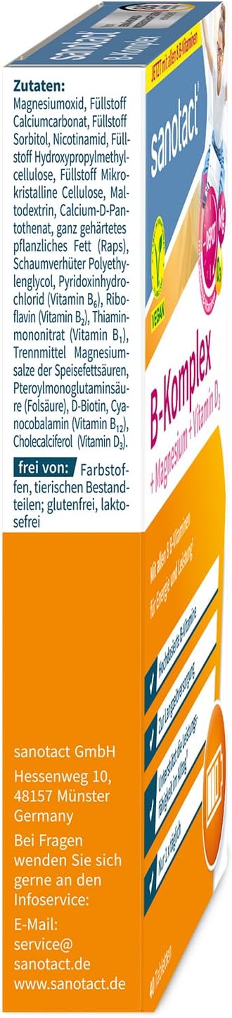 Magnesium Komplex mit B6 & Zink – sanotact B Complex + Magnesium + Vitamin D3 (60 Tablets) • High Dose B Vitamins with Depot & Long-Term Effect • 100% Vegan • Vitamin B1, B2, B6, B12, D3, Biotin, Folic Acid, Magnesium – Bild 3