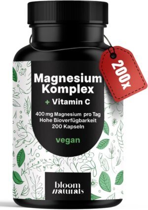 Magnesium Komplex mit B6 & Zink – Magnesium Complex High Dose - 200 Capsules - 400 mg Magnesium per Day + Vitamin C, with Bisglycinate, Citrate, Oxide, L-Ascorbate, Malate, Vegan & Produced in Germany