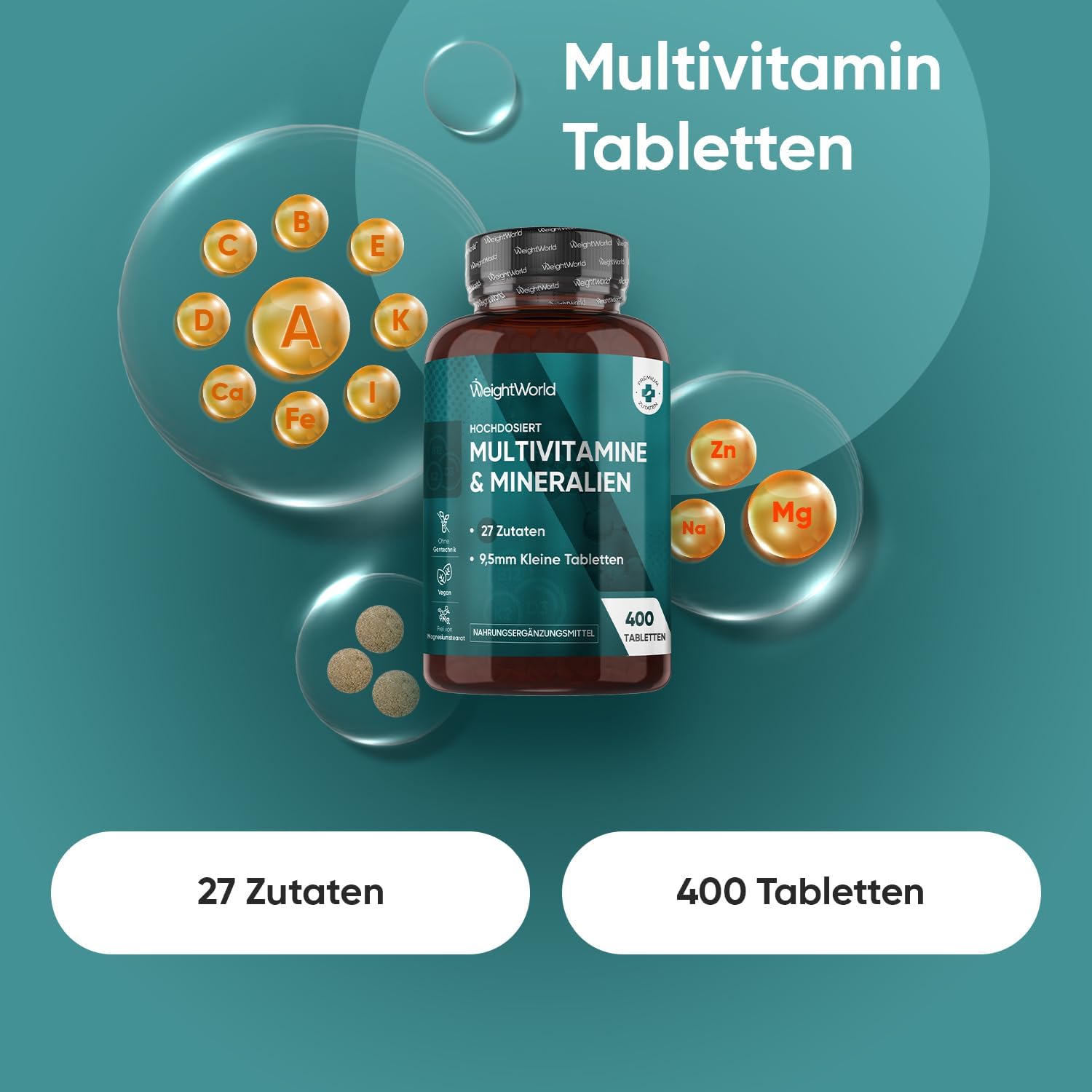 Magnesium Komplex mit B6 & Zink – Multivitamin Tablets, 400 Vegan Pieces with 27 Vitamins and Minerals, Vitamin A to Z, Immune System, Energy and Metabolism (EFSA), Dietary Supplement for Men and Women, From WeightWorld – Bild 2
