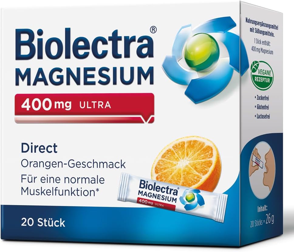 Magnesium 400 mg – Biolectra Magnesium 400 mg ultra Direct Orangengeschmack, 20 pcs sticks