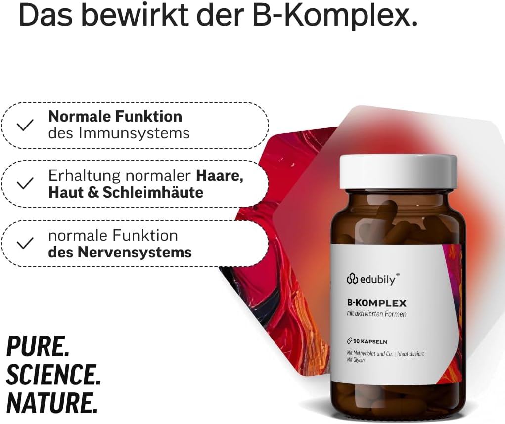 Magnesium Komplex mit B6 & Zink – edubily nutrition® Vitamin B Complex. With Hydroxocobalamin and Methylcobalamin Complex (Both B12), Methyl Folate, Niacin, Pantothenic Acid, Biotin, B1, B2 & B6. 90 Capsules in Brown Glass – Bild 3